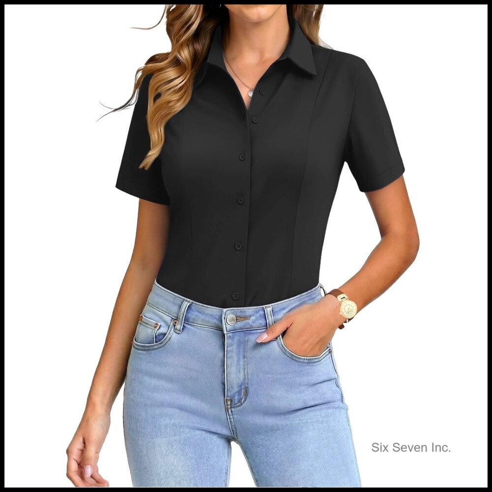 Short Sleeve Stretch Button Down Shirt Wrinkle-Free Formal Work Blouse